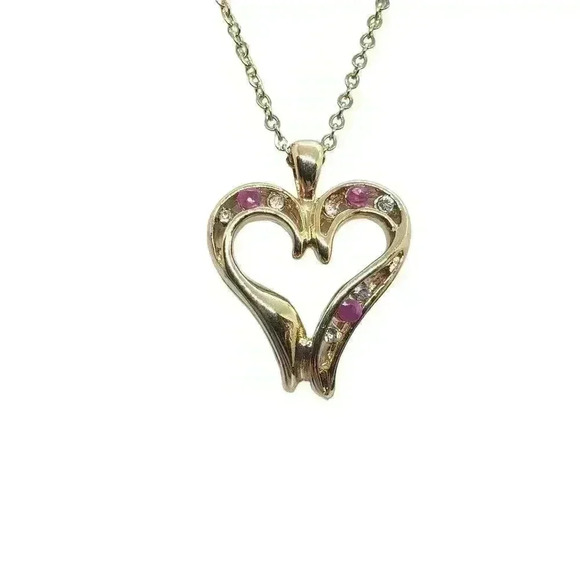 Ruby Large Heart Pendant Necklace 14K Gold EP & Chain cz accents - Picture 4 of 13